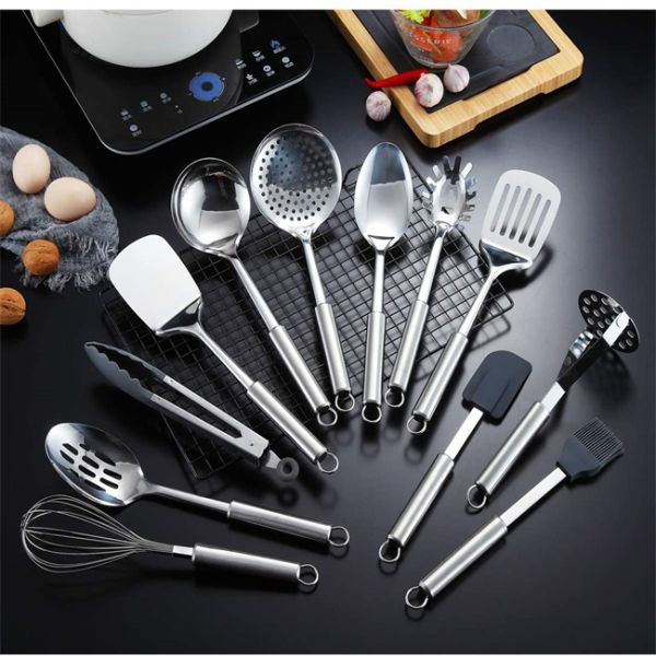 Multiapplication Stainless Steel Kitchen Utensil Set With Holder Rustresistant