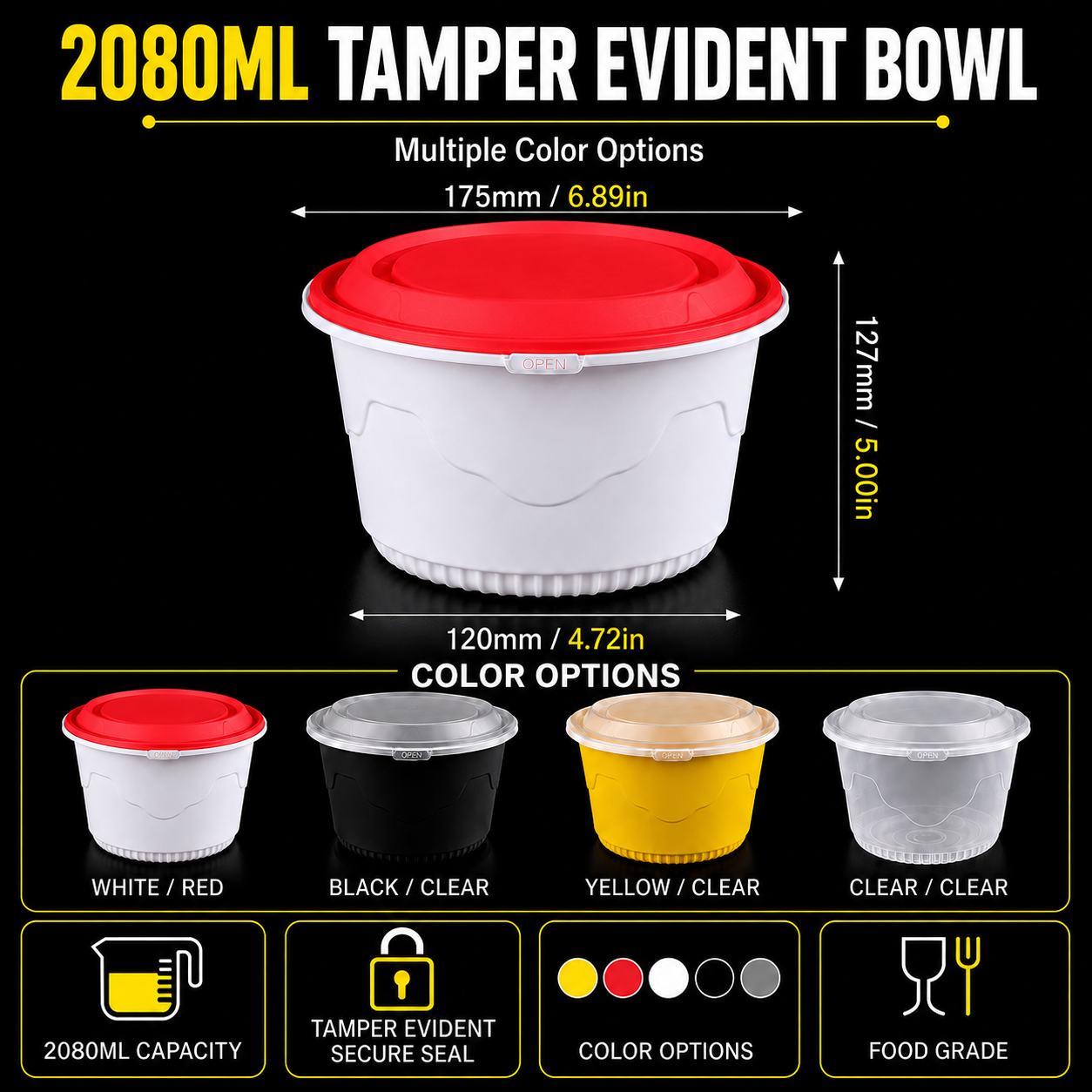 2080ml Snap Lock Bowls High Capacity PP Catering Bowl with Tamper Evident Lid