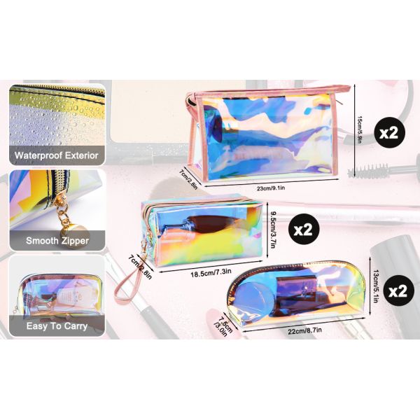 Holographic Makeup Bags Set, Clear Iridescent Cosmetic Bags, Portable Waterproof Toiletry Bag, Travel Zippered Makeup Organizer Cosmetic Pouch for Women, Mothers Day Gifts