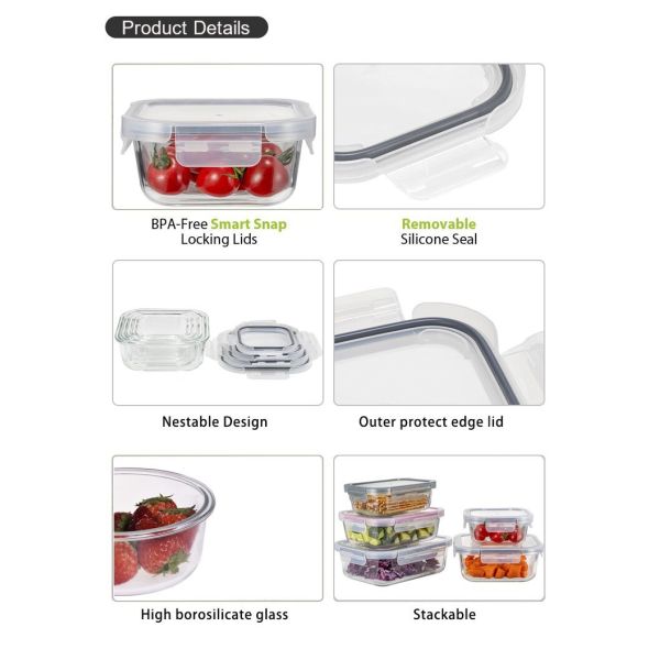High Borosilicate Glass Food Container with BPA-Free PP Lid and Microwave Safe Custom Glass Container