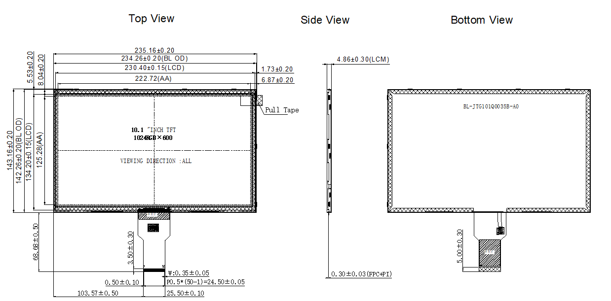 10.1 Inch Industrial LCD Panel IPS WS LCD Display Screen With 1024x600 Resolution