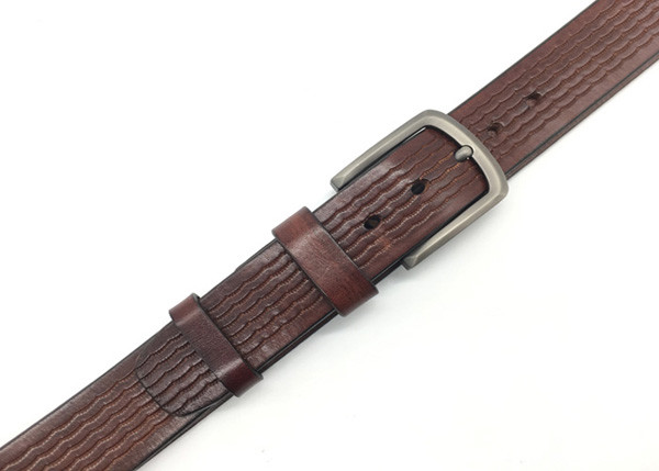 Men's Casual Leather Belt / 100% Soft Top Grain Genuine Leather Embossed Wavy Line Strap With Classic Prong Buckle