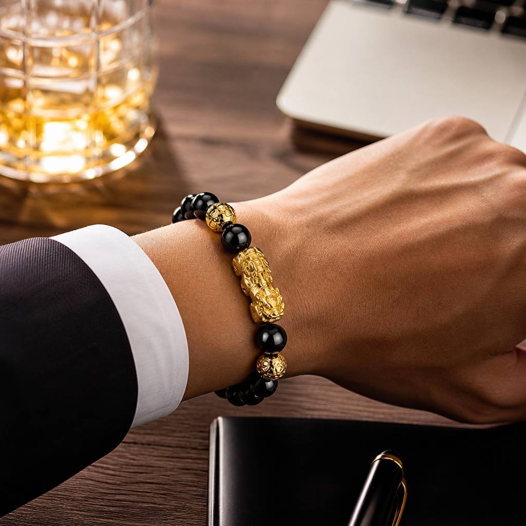 Pixiu Bracelet Black Obsidian 24K Gold Plated - Feng Shui Wealth Protection Bracelet Chinese Money Beast Lucky Charm for Men Women, Adjustable