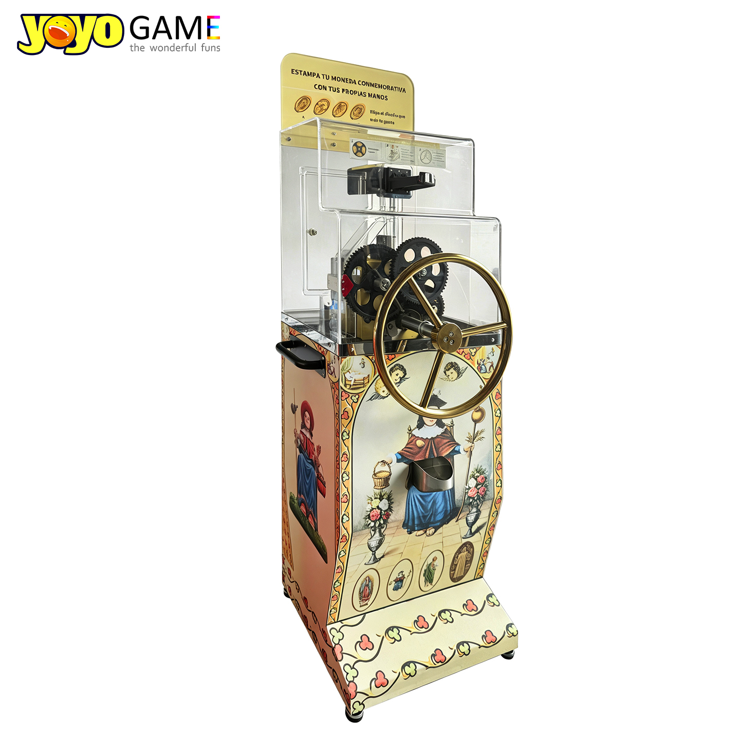 Mechanical No Power Penny Press Machine Manual Hand‑Wheel Souvenir Coin Embossing Stamping Equipment for 1 Mexican Peso Blanks Catholic Sanctuary Museum & Pilgrimage Tourist Spots