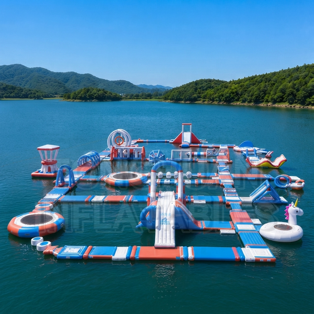 Custom Modular Inflatable Water Park with Floating Walkways Slides Trampolines and Balance Obstacles for Lakes Resorts Beaches and Commercial Recreation Projects