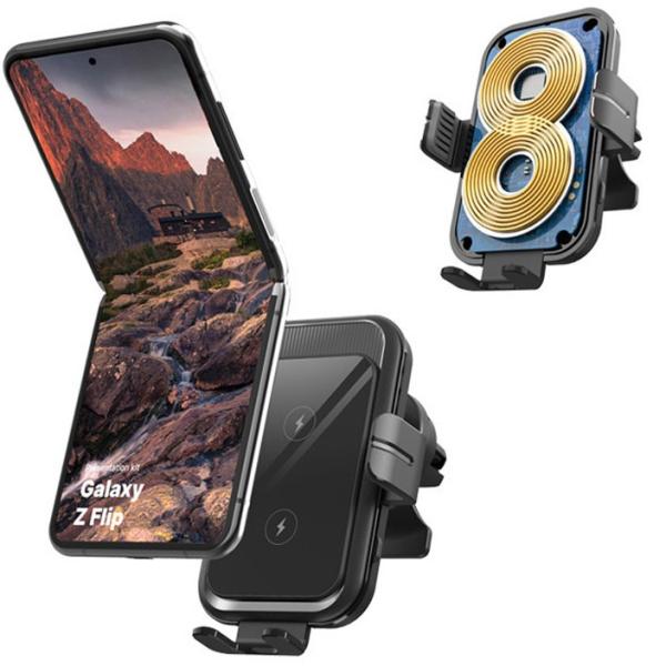 Dual Coil 15W Qi Fast Charging Auto Clamping Car Charger Phone Mount Designer Wireless Charger for Samsung Z Flip