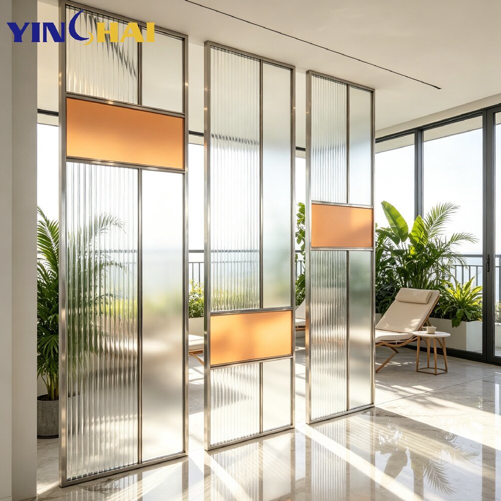 Custom Modern Stainless Steel Screen Partition With Reeded Glass & Color Panels