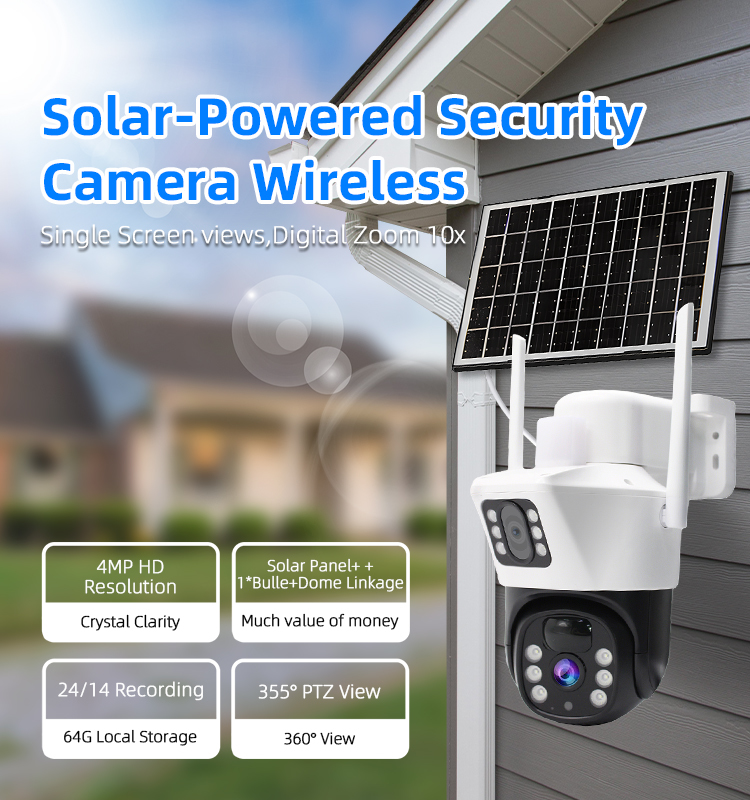 4MP Dual‑Lens Solar Security Camera, Wireless WiFi PTZ Camera with 6.5W Solar Panel 15600mAh Battery, 355° Pan 90° Tilt, PIR Human Detection, Two‑Way Audio, IP65 Waterproof Outdoor Surveillance Camera