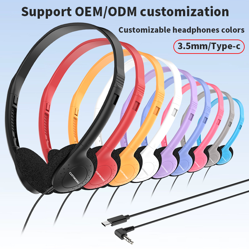 857 Lightweight wired in headphones, 3.5mm jack/C-type plug can be customized for stereo headphones, OEM/ODM customized multi-color headphones, suitable for laptops in aviation museums, school offices