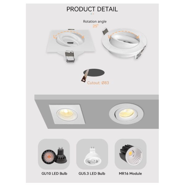 Angle Adjustable MR16 Downlight Frame Renewable Material Downlight Enclosure