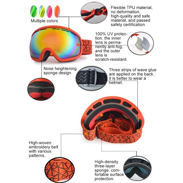 Unisex Black Ski Goggles with Customized Anti-Fog TPU Frame and OTG Black Frame