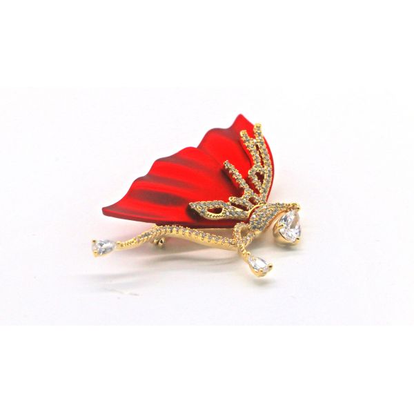 Red Petal Diamond Brooch Pin With Copper Clasp For Clothing
