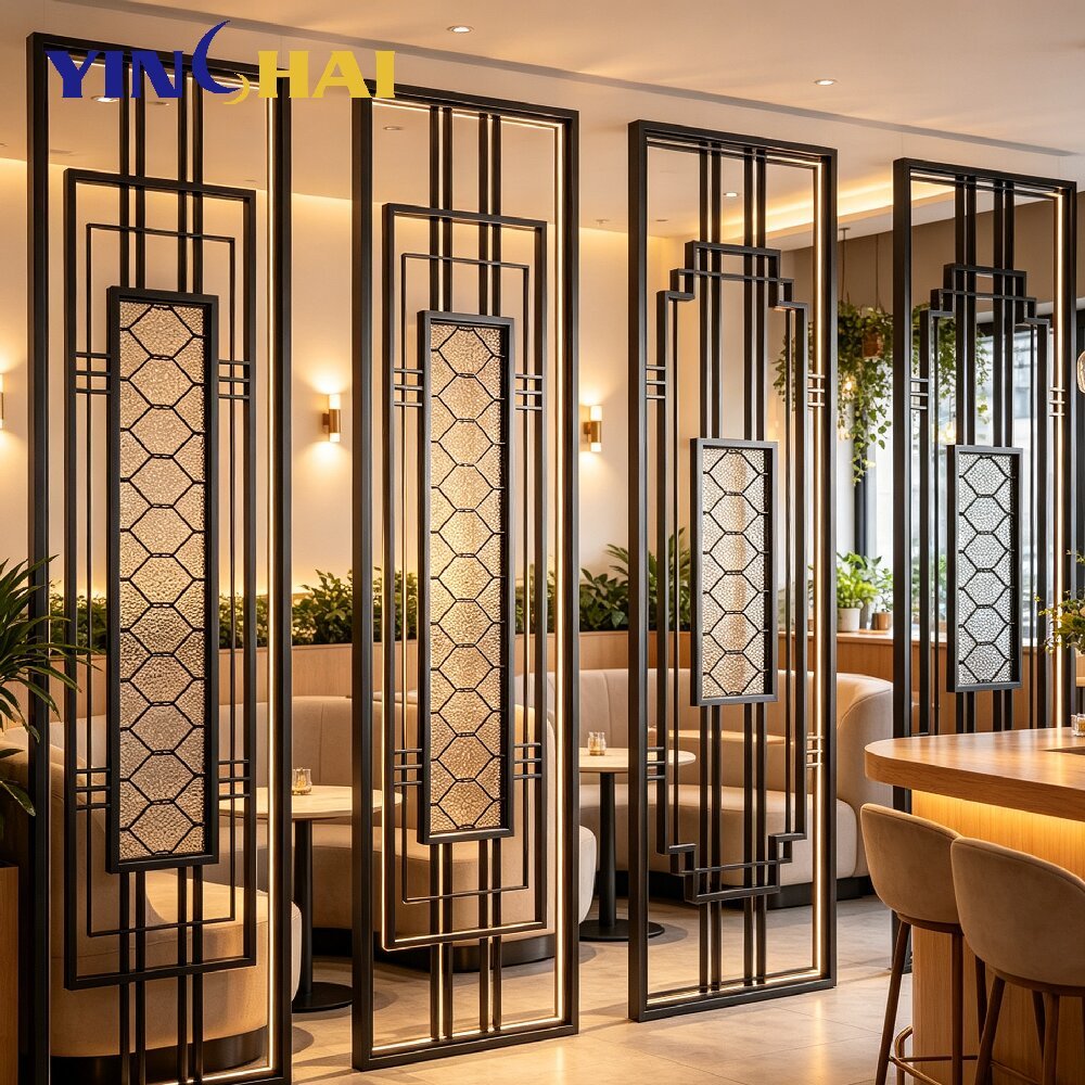Custom Black Stainless Steel Screen Partition With Geometric Line Design