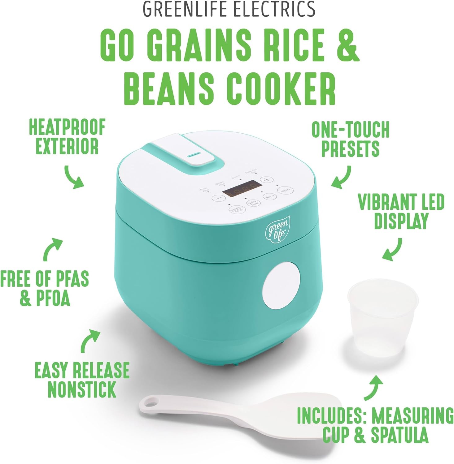 GreenLife PFAS-free, 4-стаканный рисовый овсянки и дождей кулинар, здоровый керамический Nonstick, легко использовать автоматические предустановки, блюда