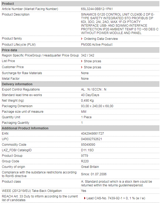 DP БЛОКА УПРАВЛЕНИЯ CU240E-2 6SL3244-0BB12-1PA1 SINAMICS G120