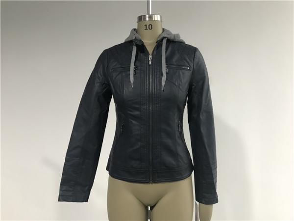 Cool Design Ink Ladies PU Jacket With Grey Melange Detachable Hooded TW77349