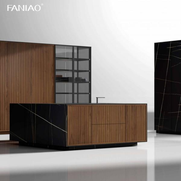 Custom Luxury Villa Laca Doble Lava Ilha Desenho Moderno Gabinete de cozinha completa