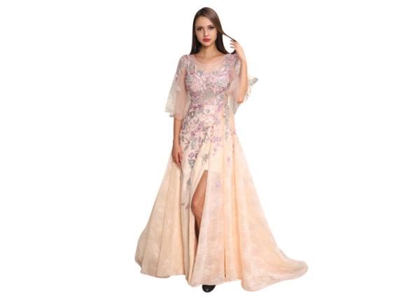 Flower Applique Long Sleeveless Evening Dress A - Line Dress For Wedding Or Ceremony