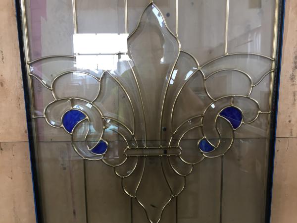 Decorative beveled glass with brass came for sliding door