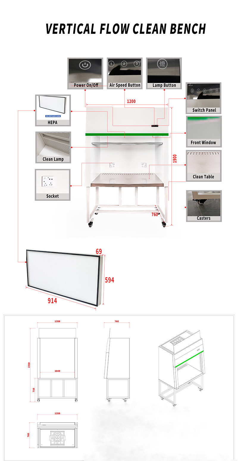Stainless Steel 304 Laminar Flow Hood Clean Bench with 1200*800*2050 Size and 100 Class@0.3um Cleanliness