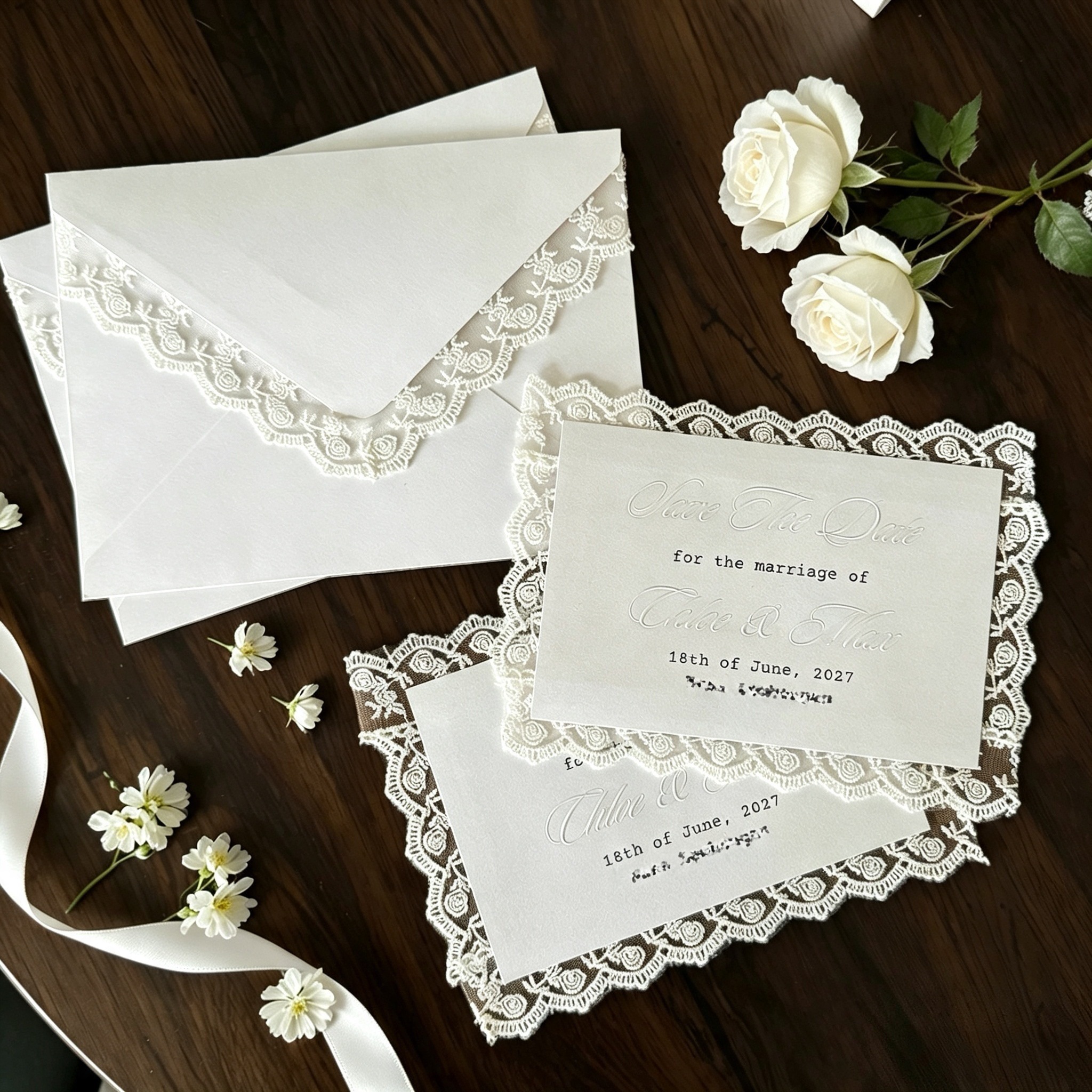 Wedding Invitation Card Sets With Elegant Lace Trim And Embossed Details