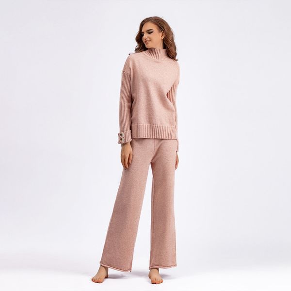 Women s Pullover with Pullover Closure and Hand Wash Care Instructions High necked knitted sweater and pants set