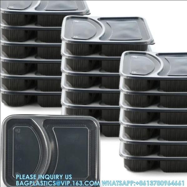 Packaging 3 Compartments Takeout Boxes Black Microwave Plastic Lunch Box Food Containers Wholesale