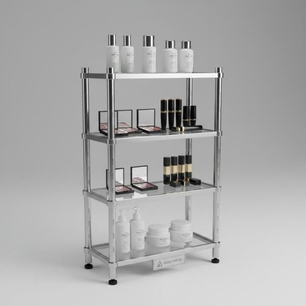 Adjustable Height Store Display Showcase with Titanium Tubes and Powder Coated Finish for Cosmetic Display Shelves
