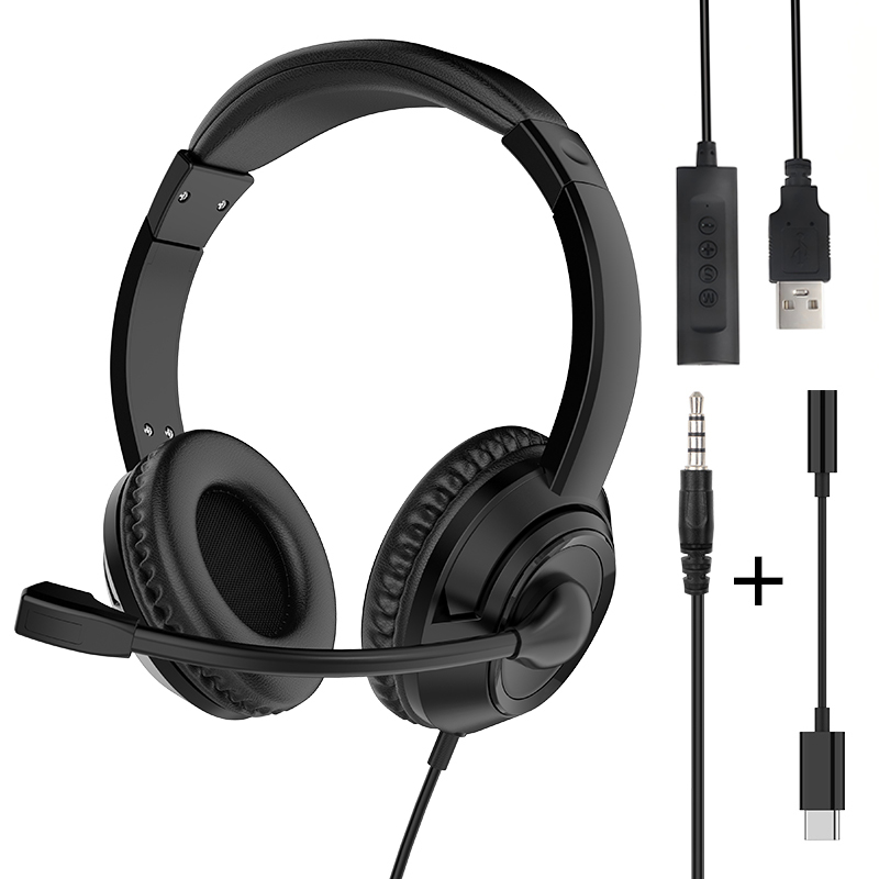 JTY-1026Wired Call Center Headset with  Microphone, 3.5mm/USB/Type‑C Multi‑Interface Over‑Ear Headphone, Volume Control Wired Headset for Office Conference Online Class Home Work,OEM/ODM customization