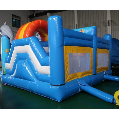 Blue Dolphin Inflatable Bounce House and Slide Combo with Mesh Walls for Kids Events