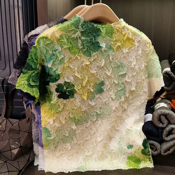 Design Gradient Printed Spring Summer New Elegant Casual Top Half-High Collar Short-Sleeved T-Shirt Loose Pleated