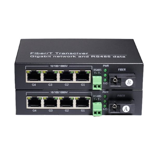 Fiber Transceiver 1 Channel Bi-Directional  RS485 Fiber Optic Converter with 4 Gigabit Ethernet Port