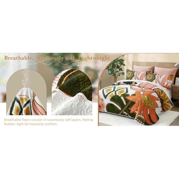 Mid Century Leaves Microfiber Bedding Sets，Reversible Lightweight Bedspread Coverlet