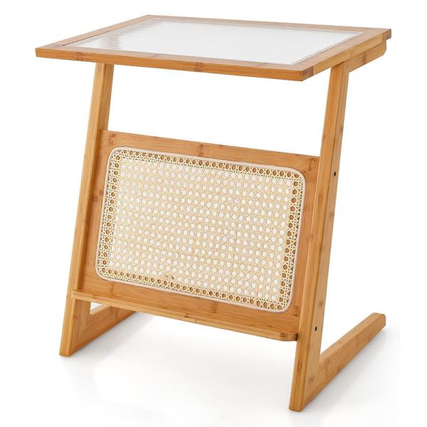 Tabela final de bambu e rotão de cor natural em forma de Z com tampa de vidro e estante de revistas