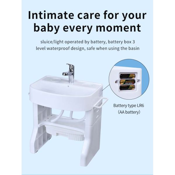 Ouninbear Sink Kids Wash Basin Plastic With Light And Water Tank In White