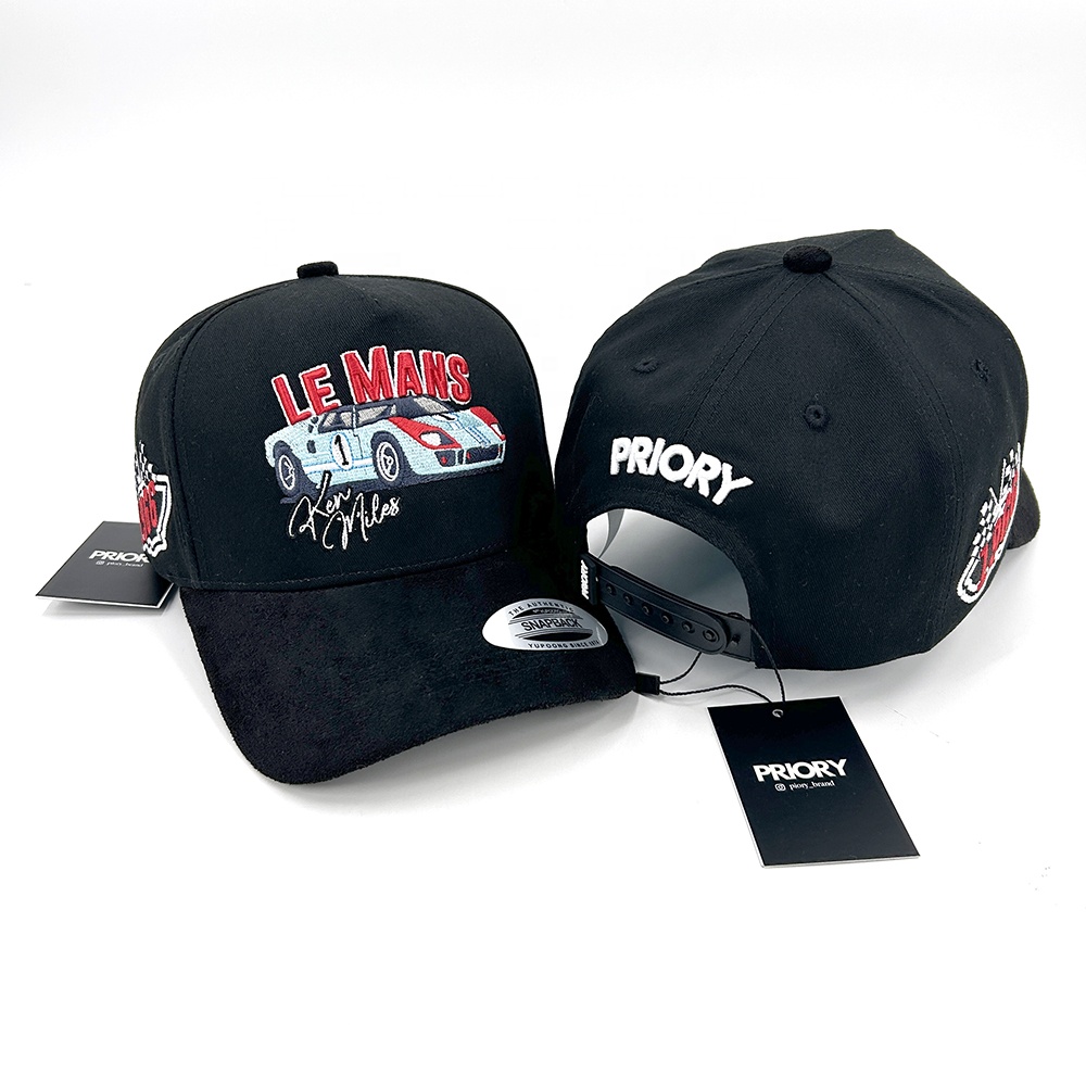 Baseball Hats Customized 3D Embroidered Logo 5 Panel Suede Cap Satin Lining With PVC Metal Logo