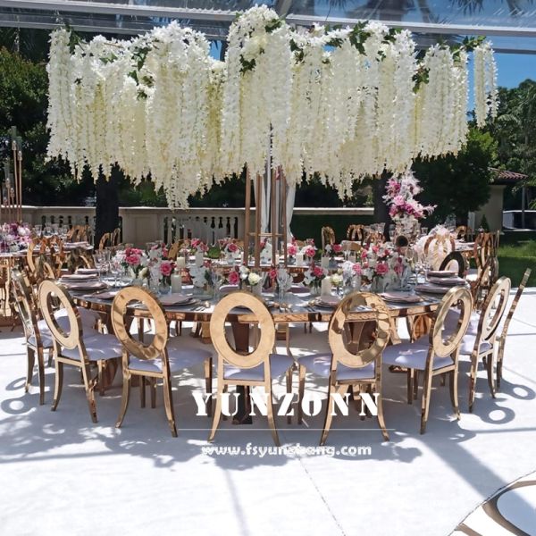 Modern Gold Cross X Legs Serpentine S-Shape Glass and Metal Wedding Dining Banquet Table for Outdoor Hotels Events Parties