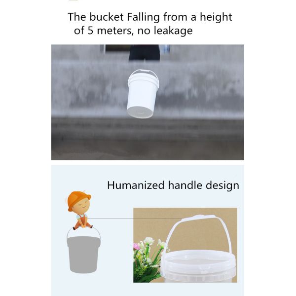 Поставленная круглая пластиковая ведра объемом 4 л для упаковки химической жидкости и образца