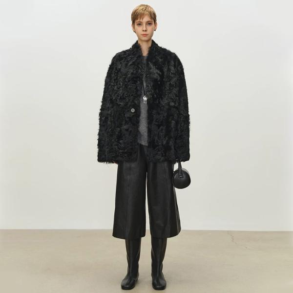 Persian Lamb Faux Fur Coat with Stand-up Collar Cruelty-Free Hip-length Loose Outerwear for Women