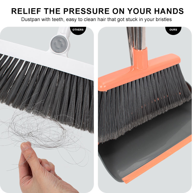 Long Handle Broom and Dustpan Set with Self-Cleaning Teeth