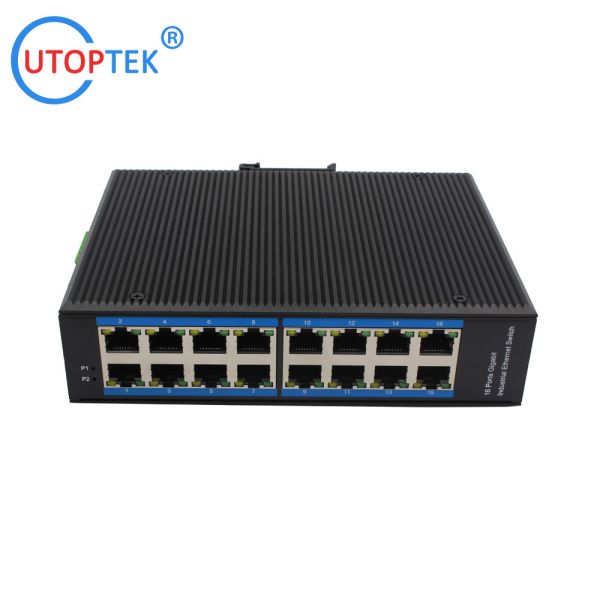 Industrial 16x10/100/1000Mbps RJ45 ports network switch DIN Rail IP40 4KV -40 ~+85 ℃ power input support: DC10~52V