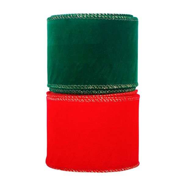 Printed Velvet Wired Edge Ribbon for Red Green Craft Fabric Wrapping at Christmas Bow
