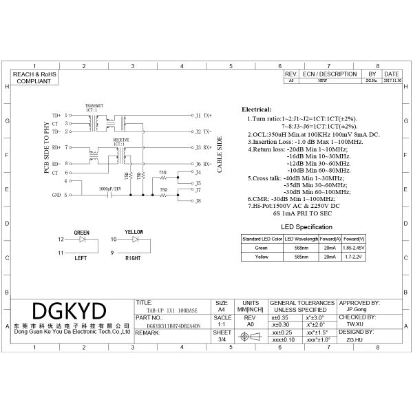 Single cell RJ45 connector 100Mbps integrated network transformer with light network interface DGKYD311B074DB2A4DN