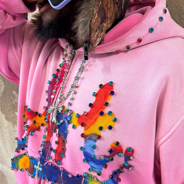 Custom Pink Diamond Hoodie Set Rhinestone Acid Wash Vintage Embroidered Hoodies Sweat Pant Sweat Suits Hoodie And Sweatpants Set