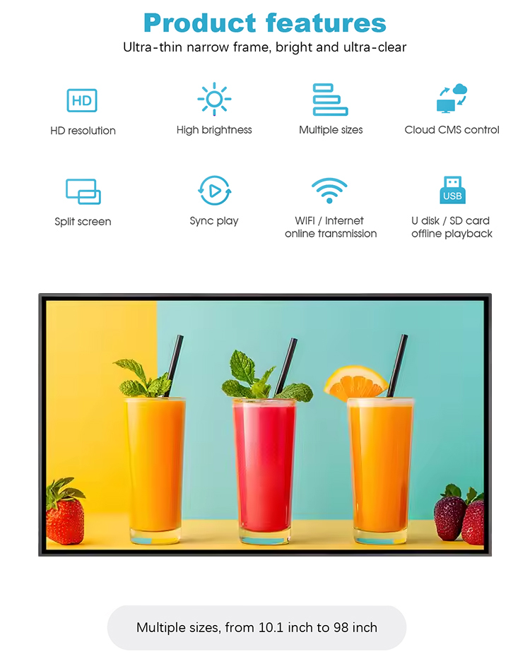 32/43/55 Inch Wall Mounted Digital Signage Display 2K/4K Flat Panel LCD Digital Menu Boards