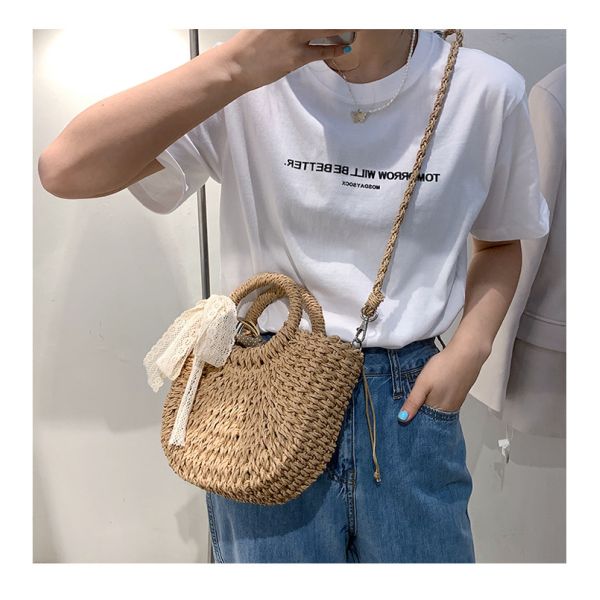 Open Closure Customized Tote Bag for Summer Beach Rattan Shoulder Basket Straw Bag