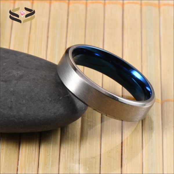 Bague de mariage en titane plaqué argent bleu pour homme, brossée, 6 mm, expertise tierce