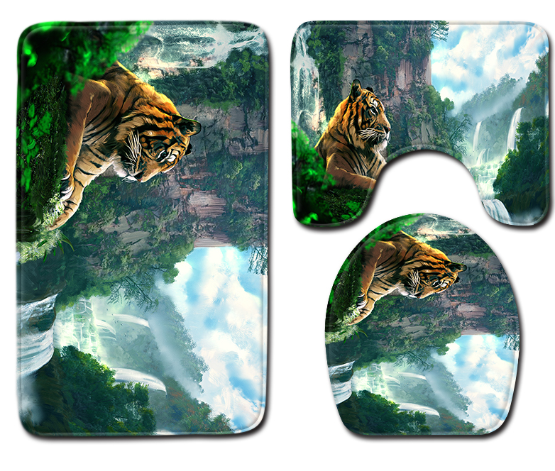 Wild Animal Toilet Seat Cushion Tiger Leopard 3pc Bathroom Rug Set