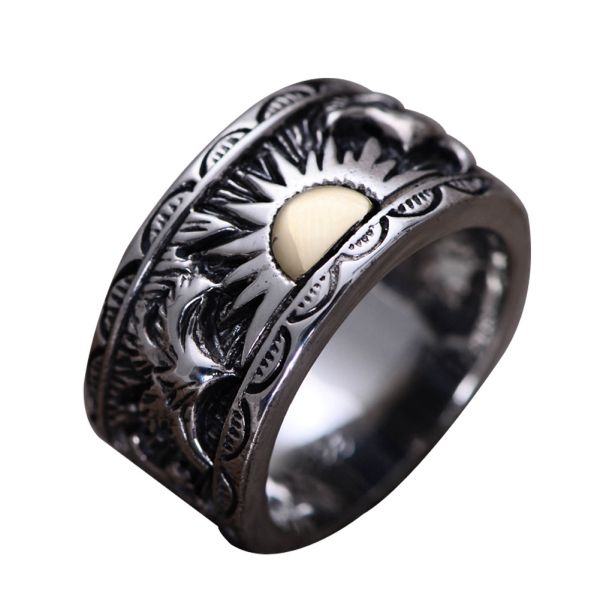 Mens 925 Sterling Silver Band Ring Antique Engraving Silver Ring (054020)