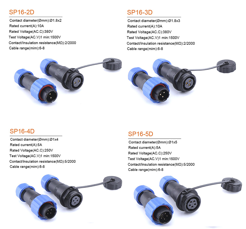 SP16 IP68 Waterproof Cable Connector Plug Socket Male And Female 2 - 9 Pin